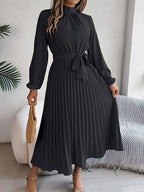 Women's Pleated Midi Dress with High Neck Tie