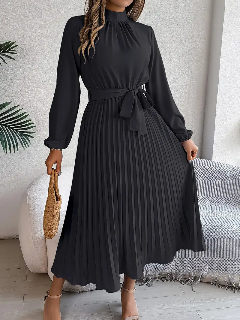 Women's Pleated Midi Dress with High Neck Tie