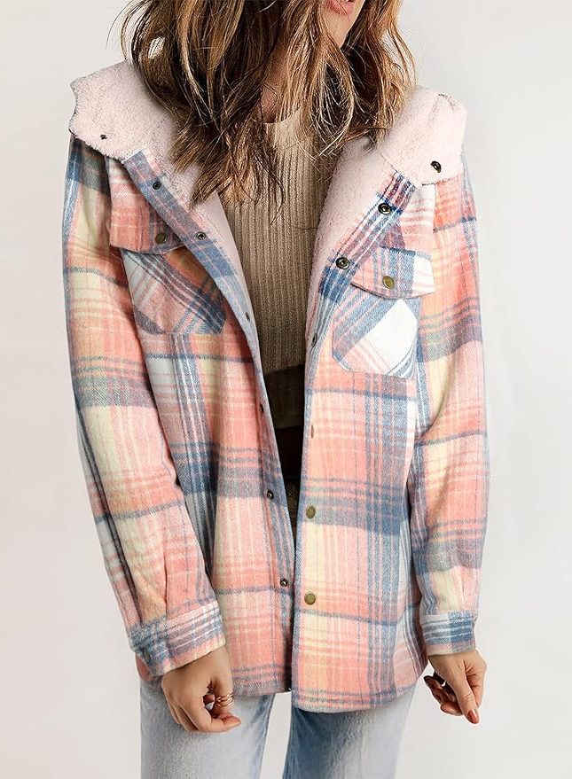 Women's Oversized Check Flannel Overshirt with Sherpa Collar - Precious Pink