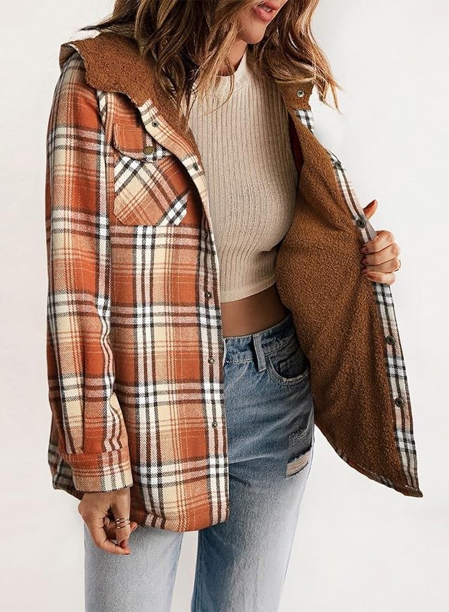 Women's Oversized Check Flannel Overshirt with Sherpa Collar - Opulence Orange