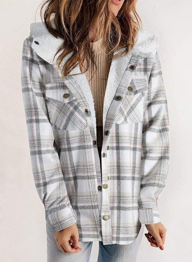 Women's Oversized Check Flannel Overshirt with Sherpa Collar