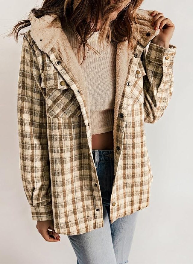 Women's Oversized Check Flannel Overshirt with Sherpa Collar - Cozy Brown