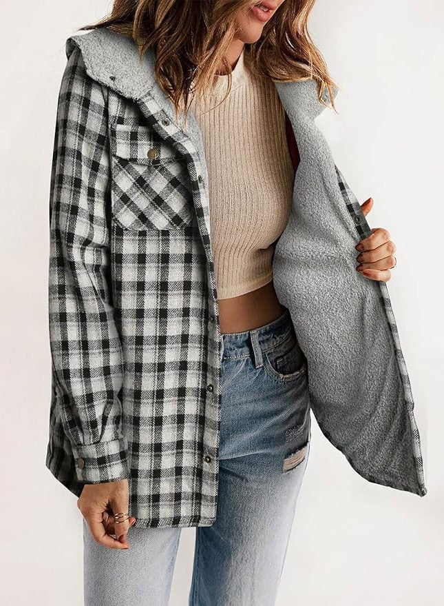Women's Oversized Check Flannel Overshirt with Sherpa Collar - Blackout White