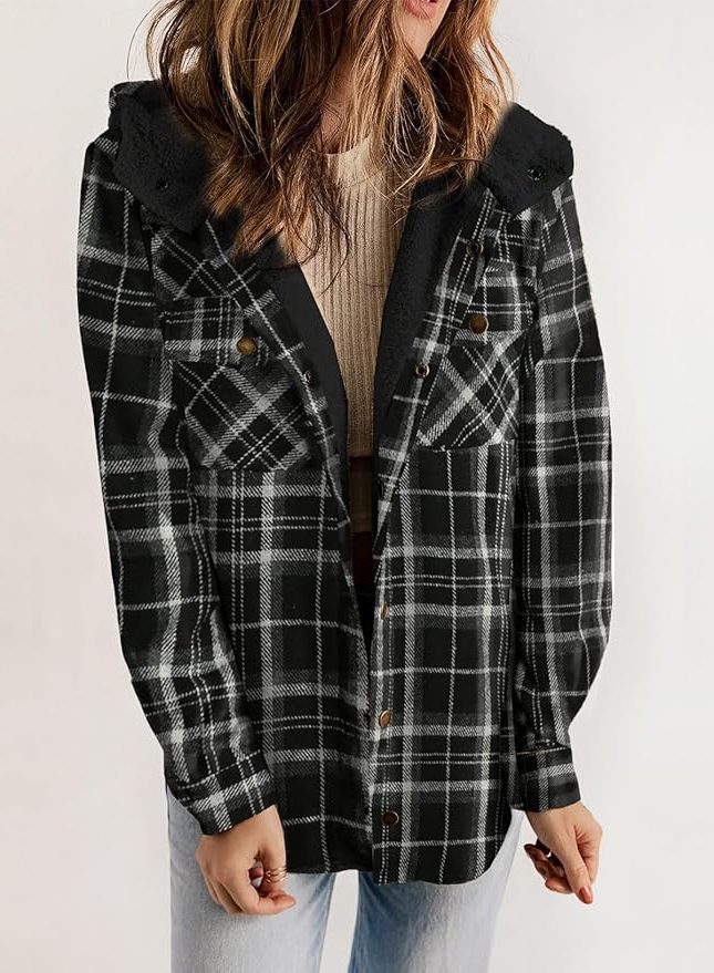 Women's Oversized Check Flannel Overshirt with Sherpa Collar - Bold Black