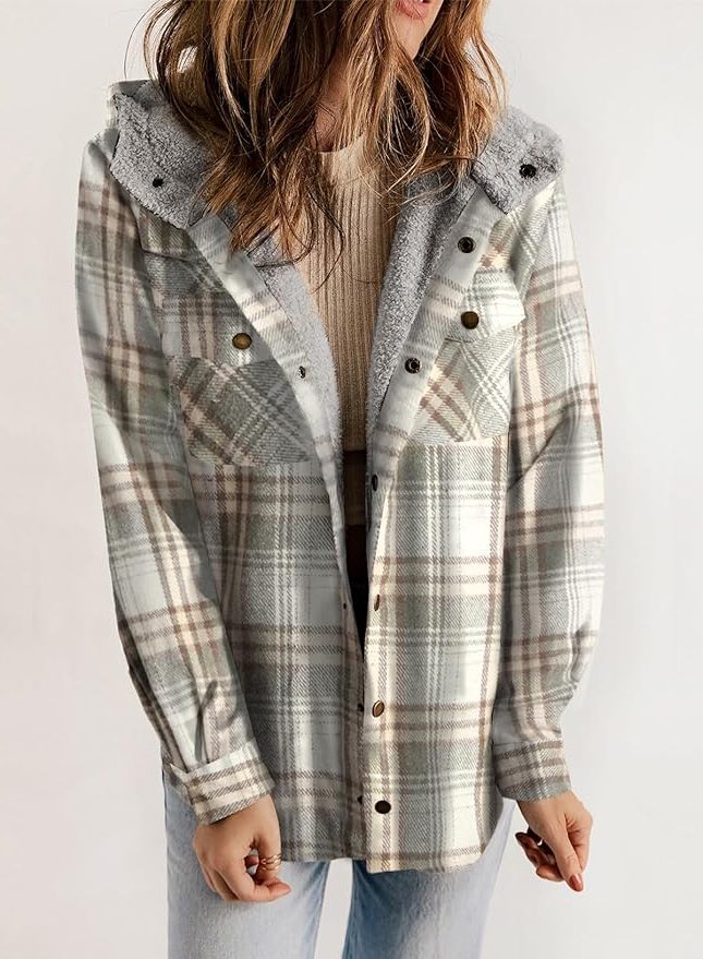Women's Oversized Check Flannel Overshirt with Sherpa Collar - Graphite Gray