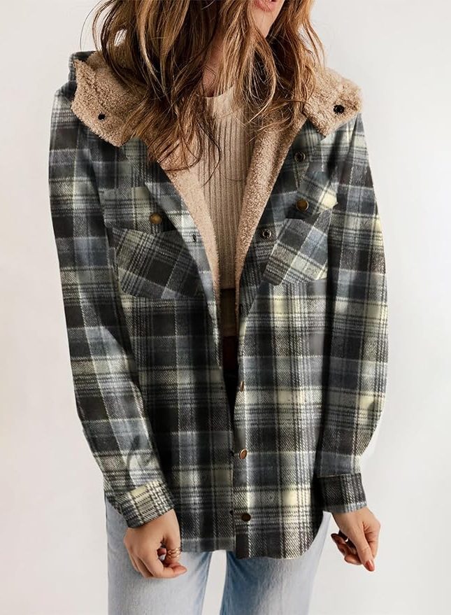 Women's Oversized Check Flannel Overshirt with Sherpa Collar - Emerald Elegance