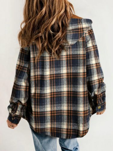 Women's Oversized Check Flannel Overshirt with Sherpa Collar - Burgundy Blue