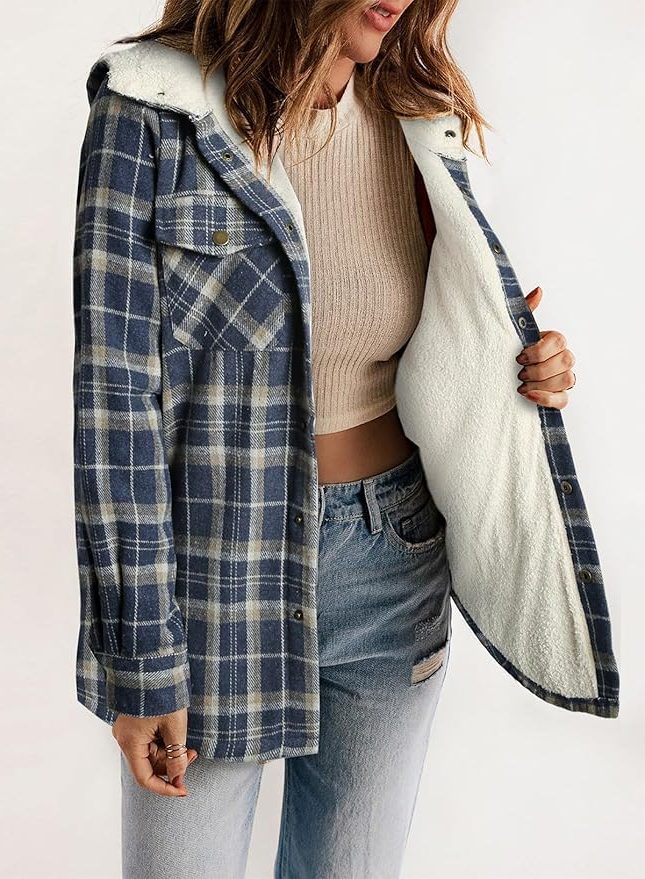 Women's Oversized Check Flannel Overshirt with Sherpa Collar - Noble Navy