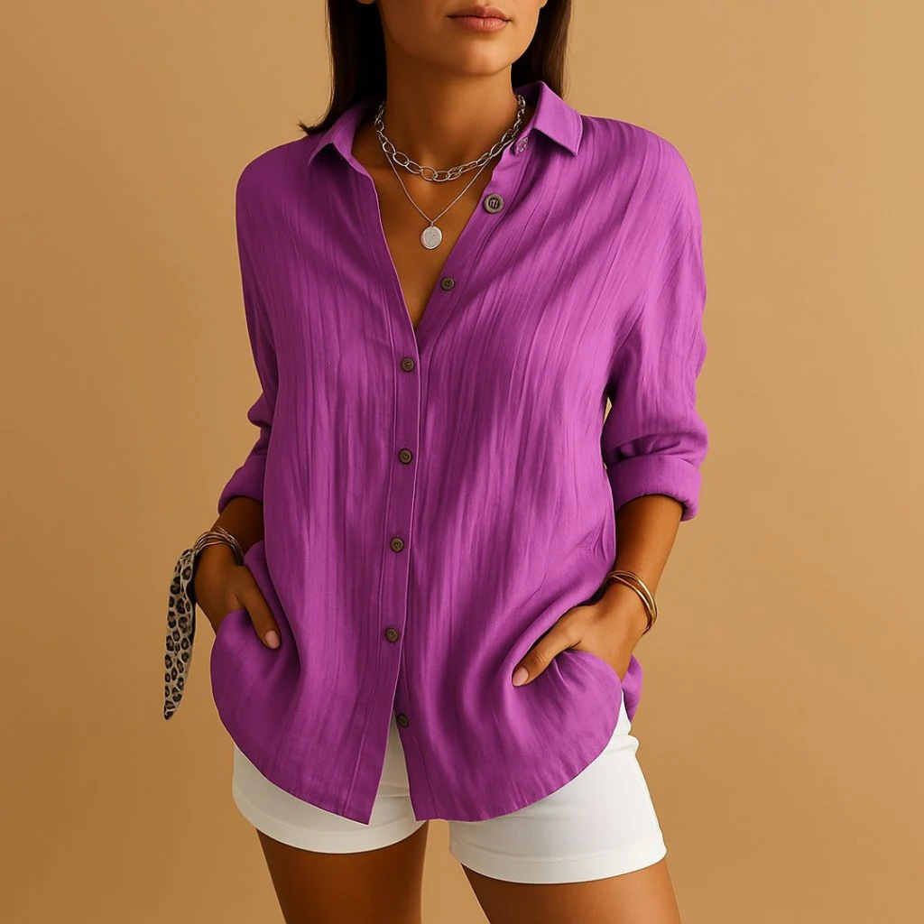 Women's Relaxed Linen-Look Shirt Blouse – Lightweight Button-Up