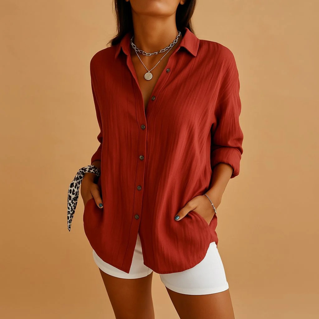 Women's Relaxed Linen-Look Shirt Blouse – Lightweight Button-Up