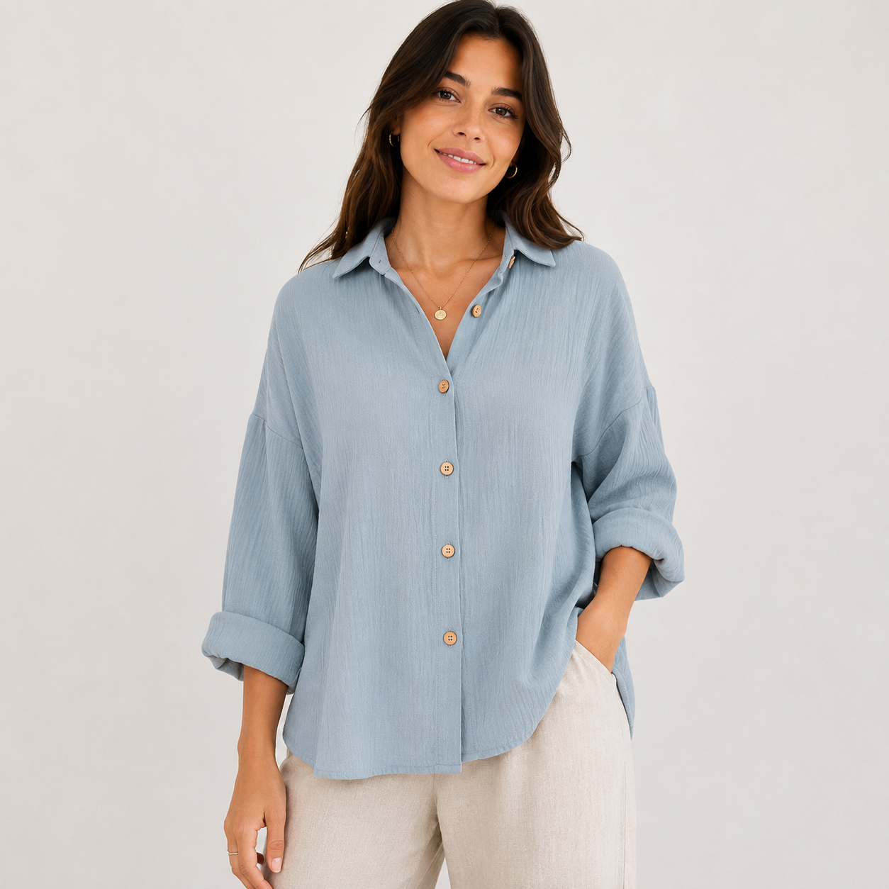 Women's Relaxed Linen-Look Shirt Blouse – Lightweight Button-Up