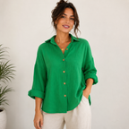 Women's Relaxed Linen-Look Shirt Blouse – Lightweight Button-Up