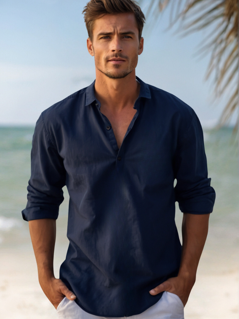 Men's Relaxed Fit Long Sleeve Resort Collar Summer Shirt