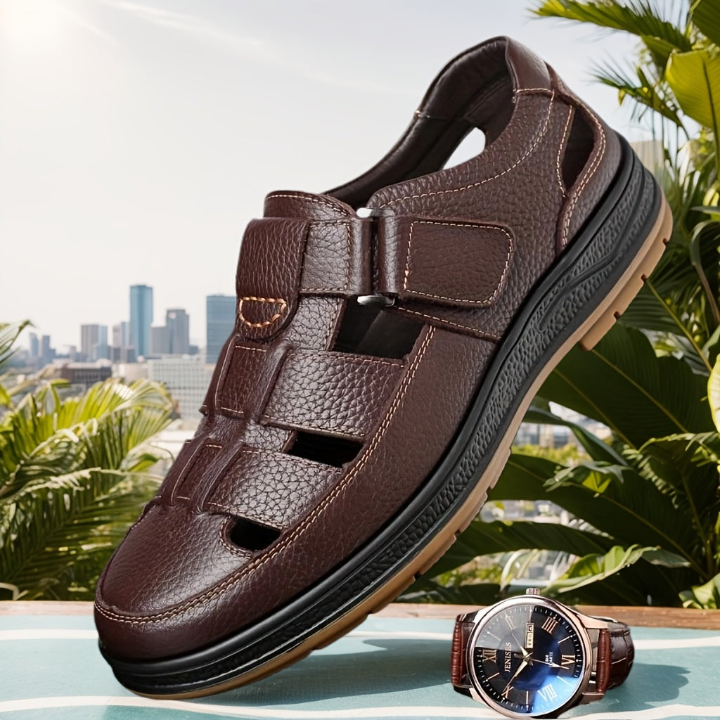 Men's Leather Summer Sandals Closed Toe Breathable Comfort Shoes