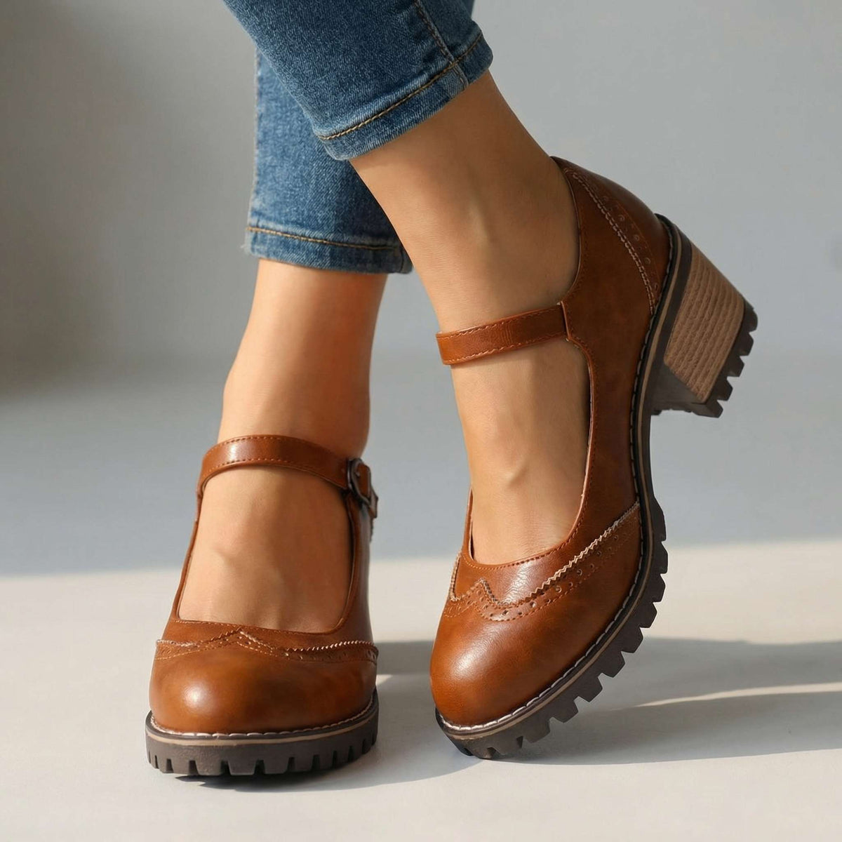 Women's Cushioned Vintage T-Strap Pumps with Stable Heel - Brown