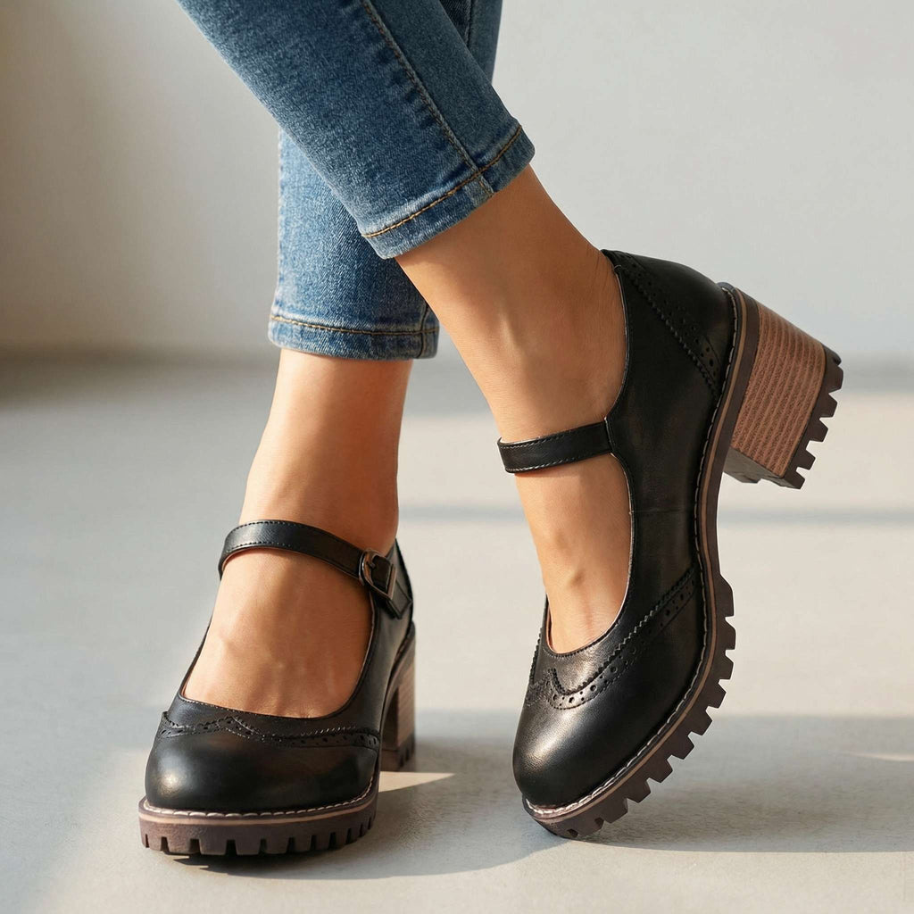 Women's Cushioned Vintage T-Strap Pumps with Stable Heel - Black