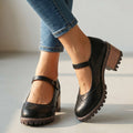 Women's Cushioned Vintage T-Strap Pumps with Stable Heel - Black