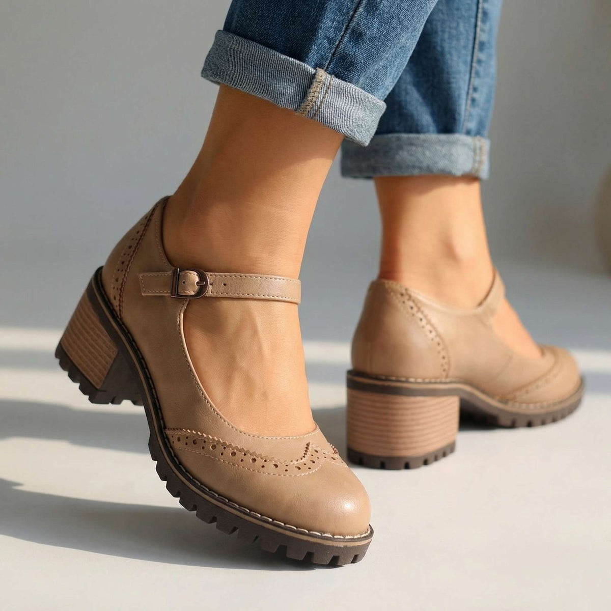 Women's Cushioned Vintage T-Strap Pumps with Stable Heel - Khaki