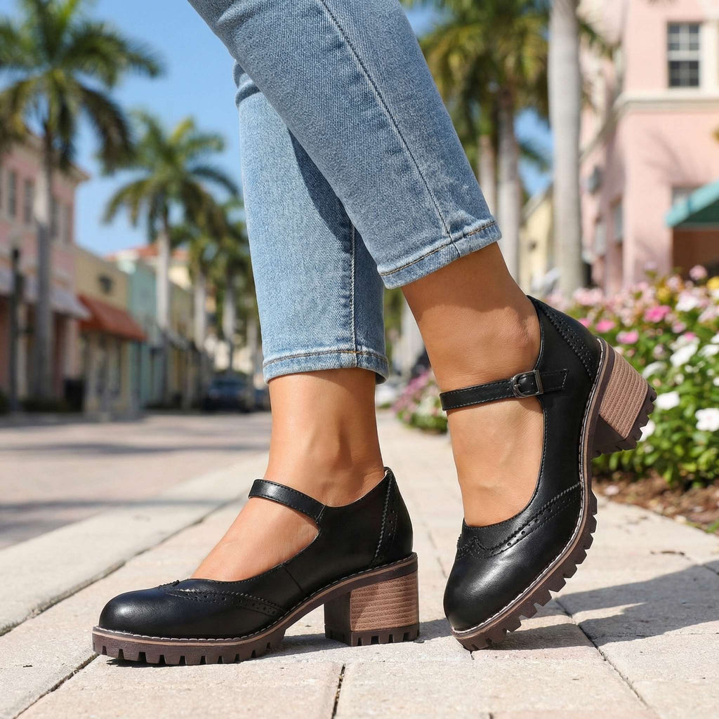 Women's Cushioned Vintage T-Strap Pumps with Stable Heel