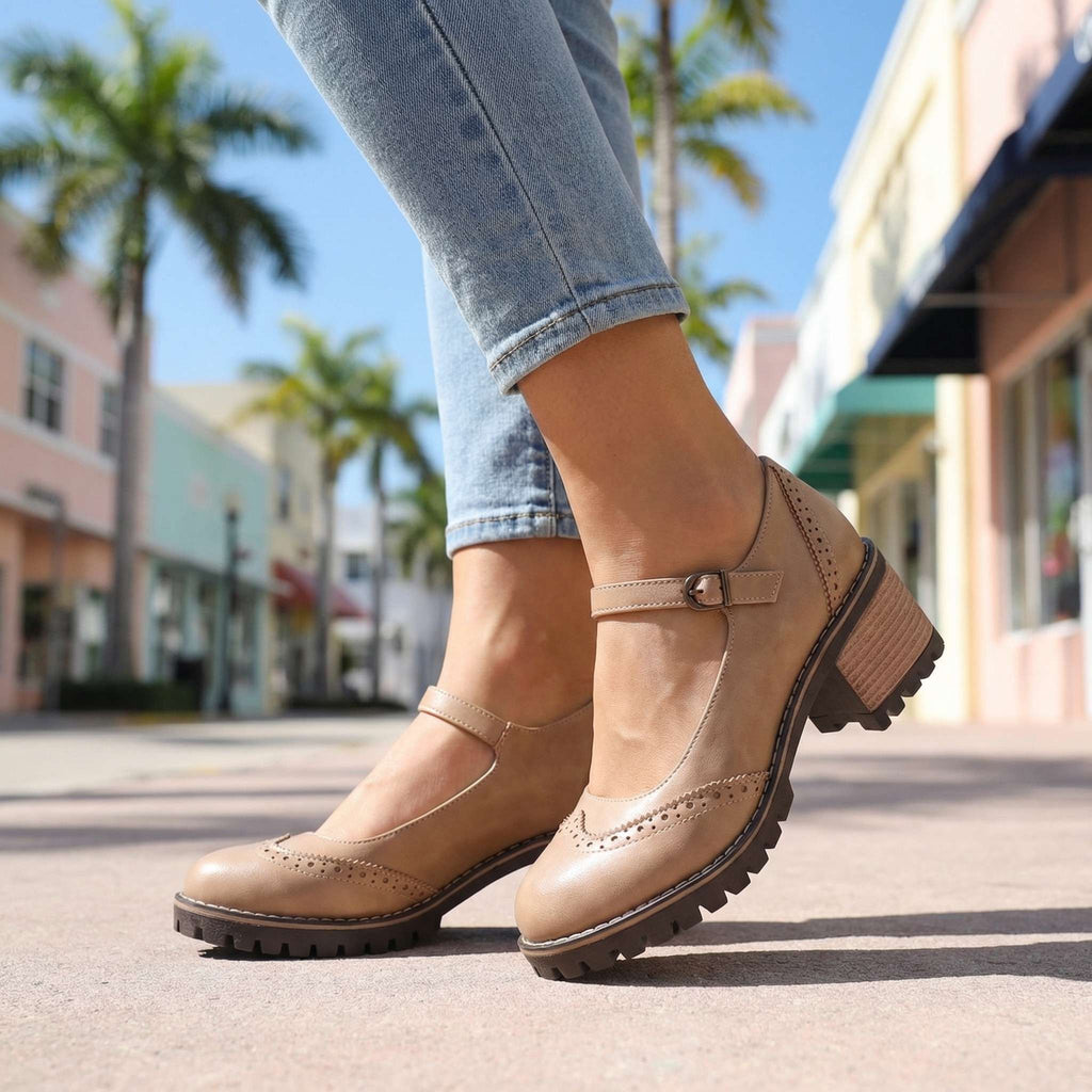 Women's Cushioned Vintage T-Strap Pumps with Stable Heel