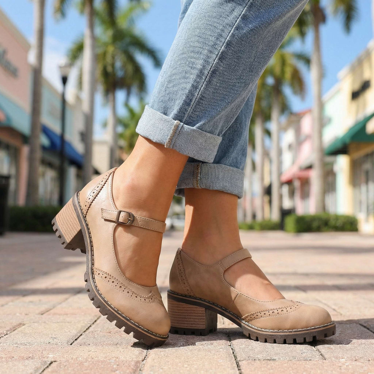 Women's Cushioned Vintage T-Strap Pumps with Stable Heel