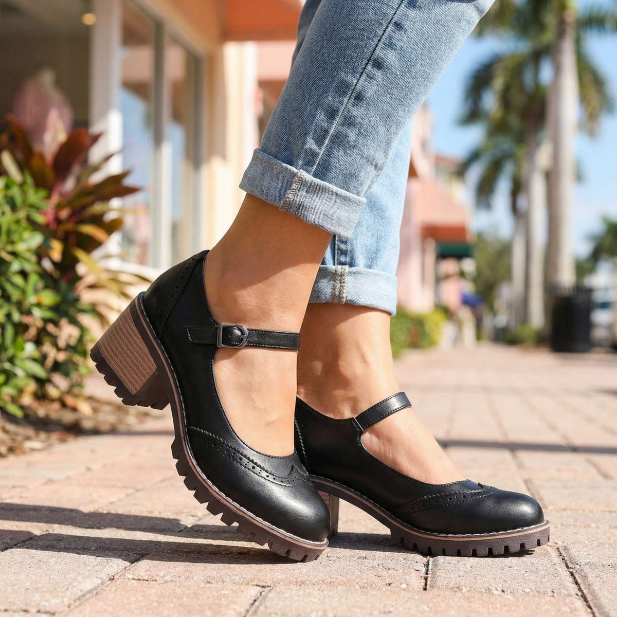 Women's Cushioned Vintage T-Strap Pumps with Stable Heel