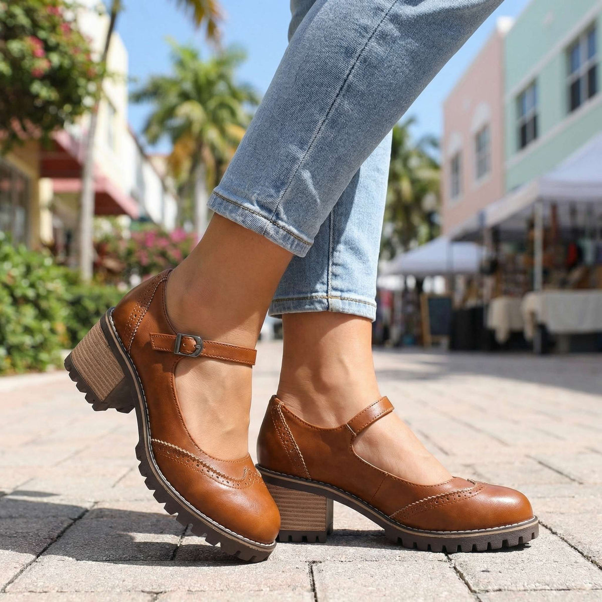 Women's Cushioned Vintage T-Strap Pumps with Stable Heel