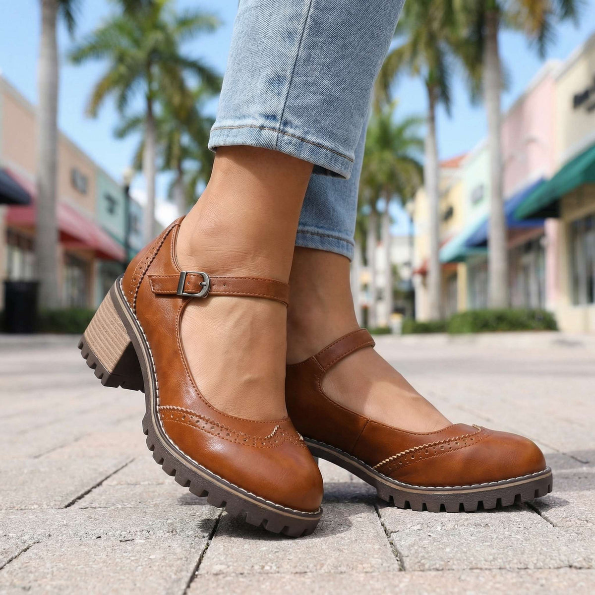 Women's Cushioned Vintage T-Strap Pumps with Stable Heel