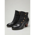 Women's Floral Button Ruched Booties with Stacked Heel - Black