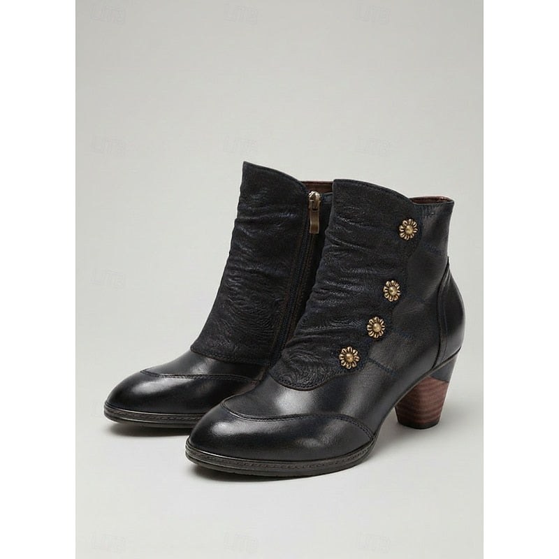 Women's Floral Button Ruched Booties with Stacked Heel - Black