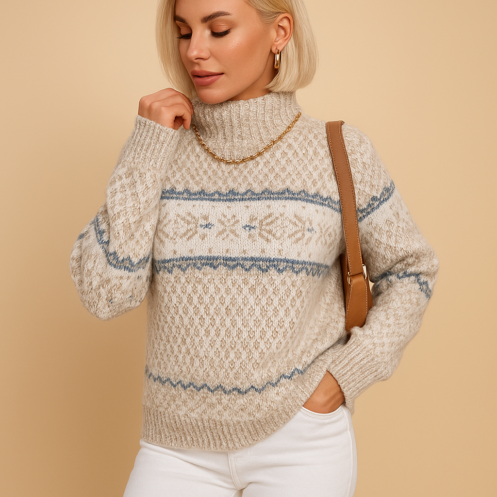 Women's Long-Sleeve Wool Blend Turtleneck Sweater with Print Detail - Beige