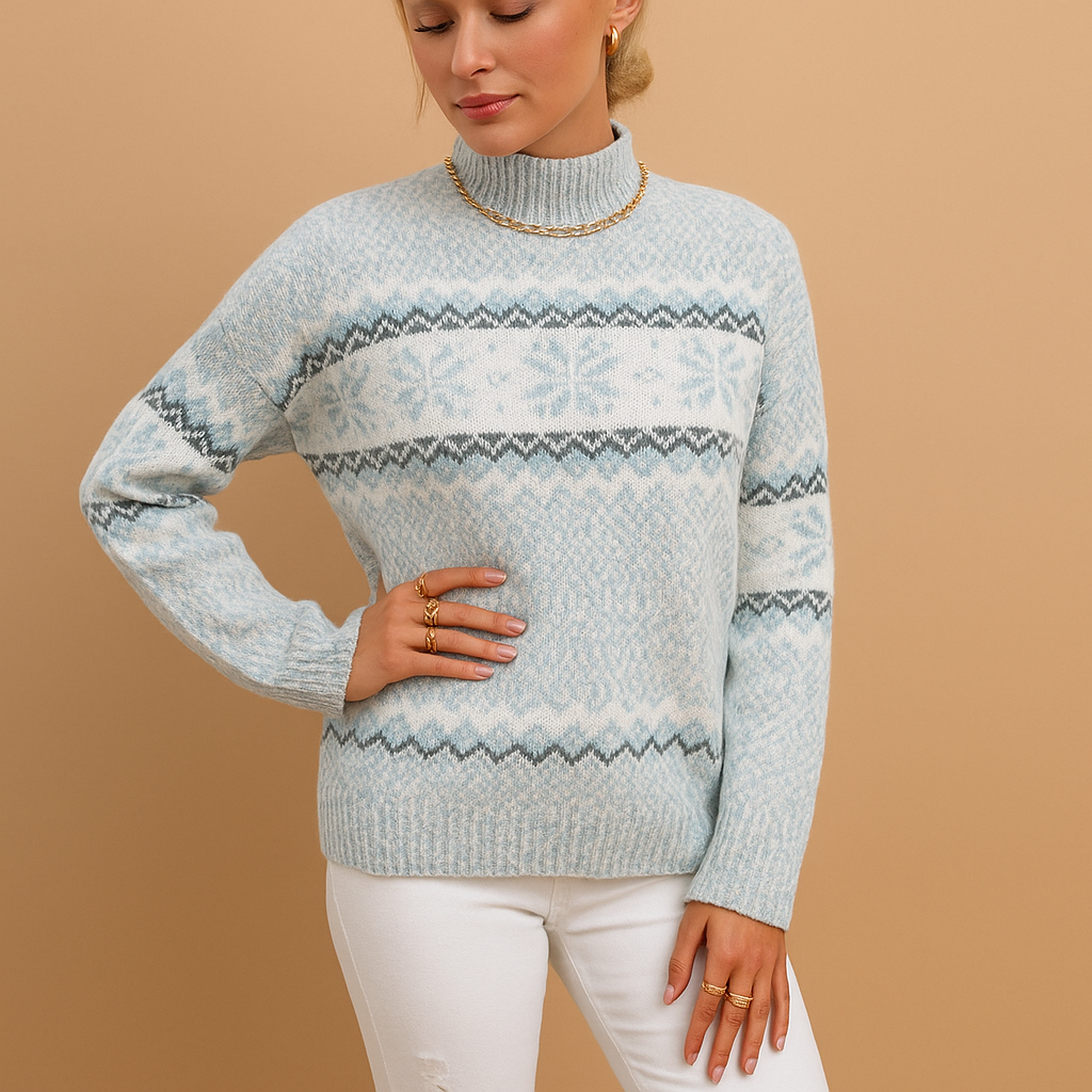 Women's Long-Sleeve Wool Blend Turtleneck Sweater with Print Detail - Light Blue