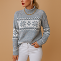 Women's Long-Sleeve Wool Blend Turtleneck Sweater with Print Detail - Blue