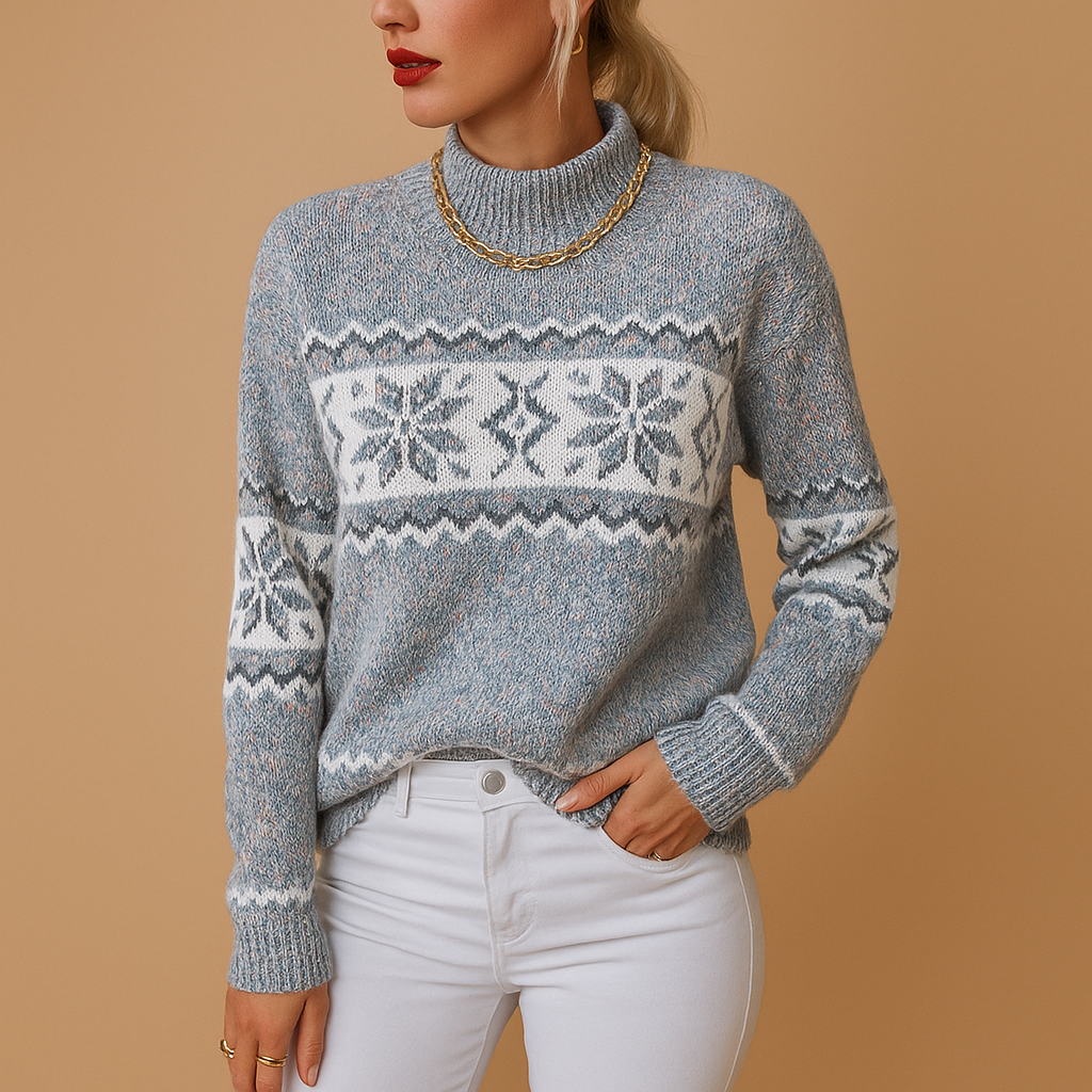 Women's Long-Sleeve Wool Blend Turtleneck Sweater with Print Detail - Blue