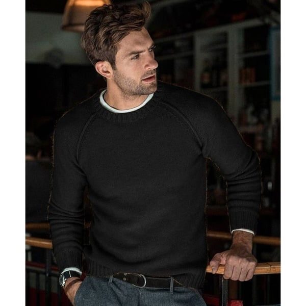 Men's Smooth Fine Knit Crew Sweater with Raglan Shoulders - Black