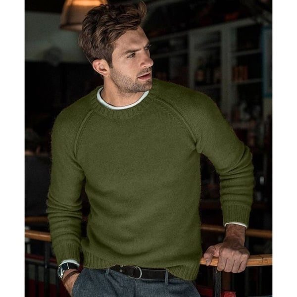 Men's Smooth Fine Knit Crew Sweater with Raglan Shoulders - Olive Green
