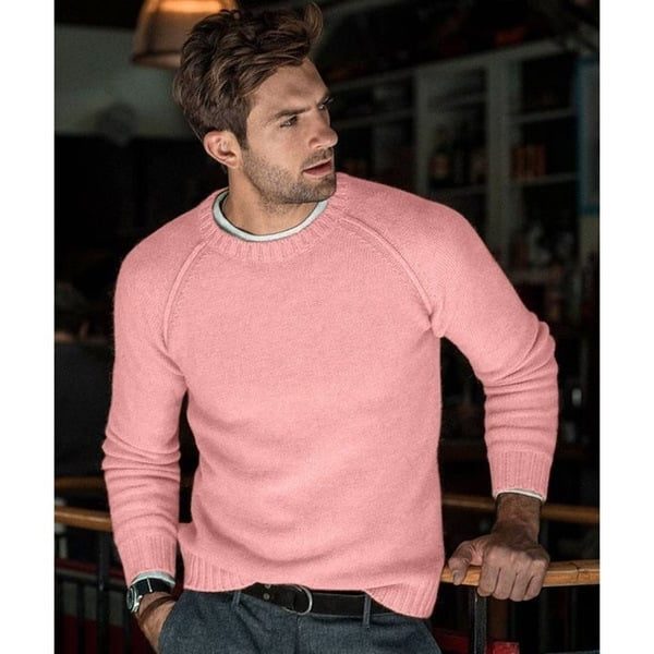 Men's Smooth Fine Knit Crew Sweater with Raglan Shoulders - Pink