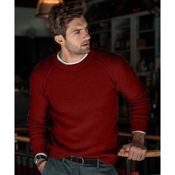 Men's Smooth Fine Knit Crew Sweater with Raglan Shoulders - Wine Red
