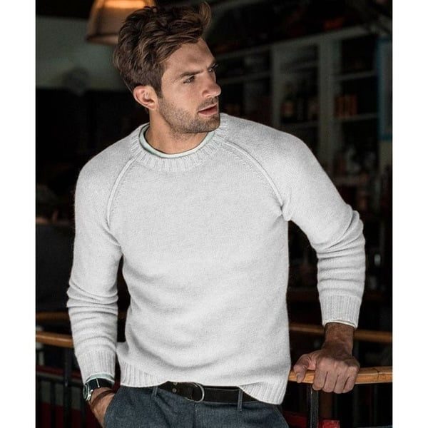 Men's Smooth Fine Knit Crew Sweater with Raglan Shoulders - White