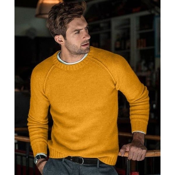 Men's Smooth Fine Knit Crew Sweater with Raglan Shoulders - Mustard Yellow