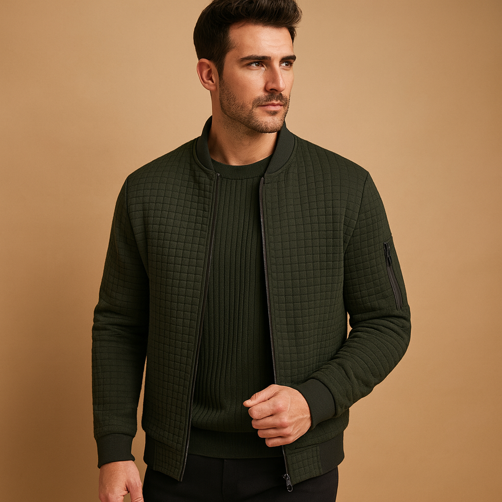 Men's Textured Cable Half-Zip Knit with Roll Collar - Olive Green