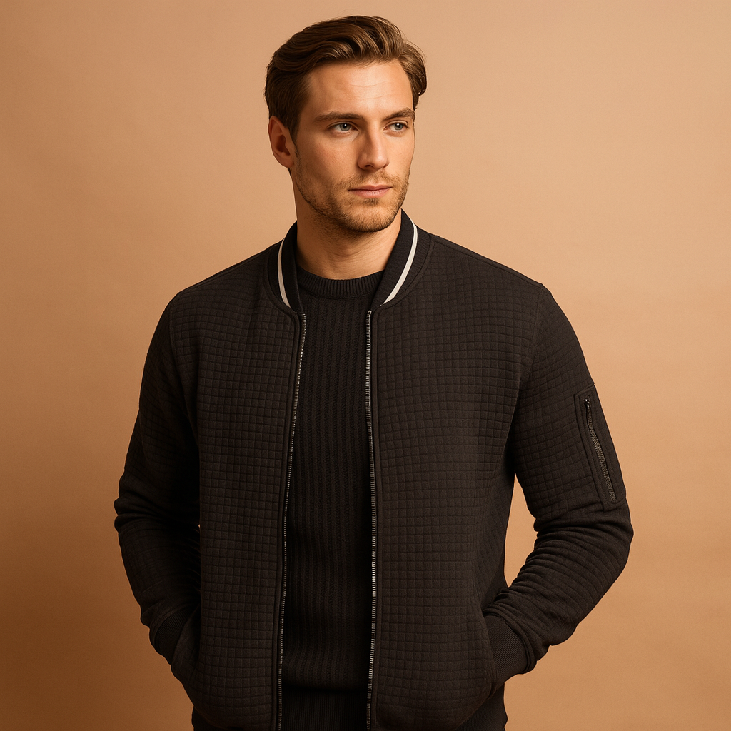 Men's Textured Cable Half-Zip Knit with Roll Collar - Black