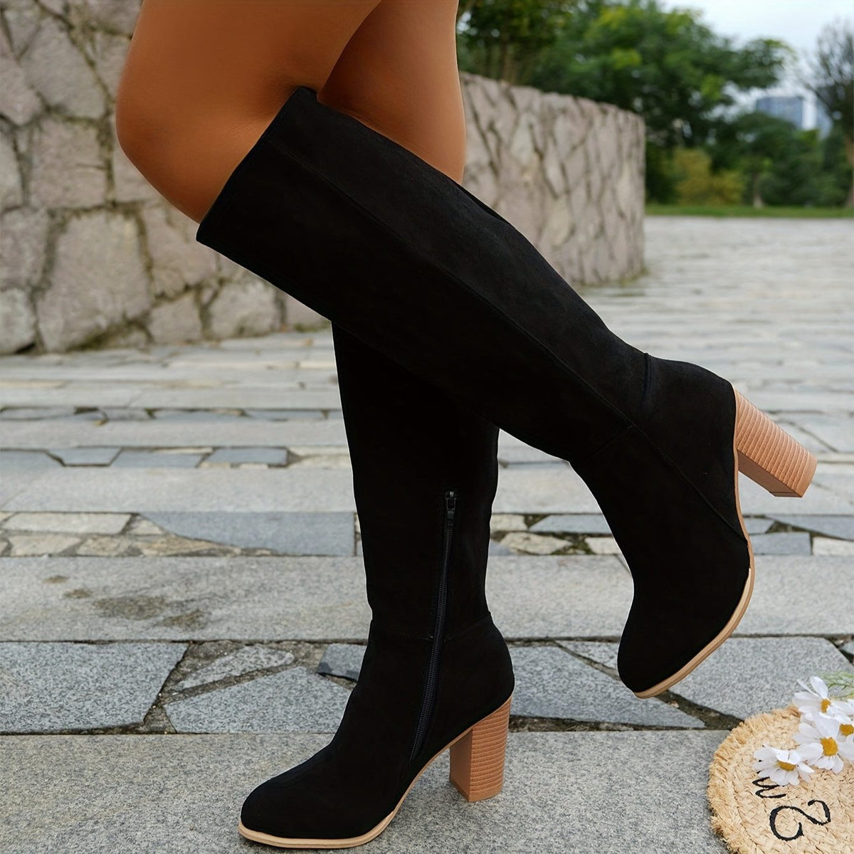 Women's Western Block-Heel Tall Boots in Suede with Side Zip