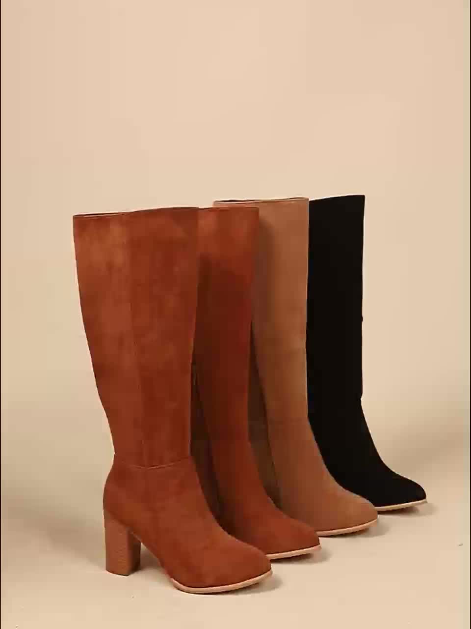 Women's Western Block-Heel Tall Boots in Suede with Side Zip