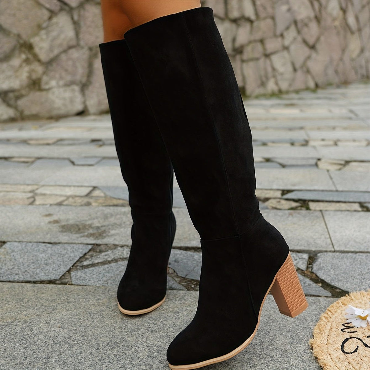 Women's Western Block-Heel Tall Boots in Suede with Side Zip - Black