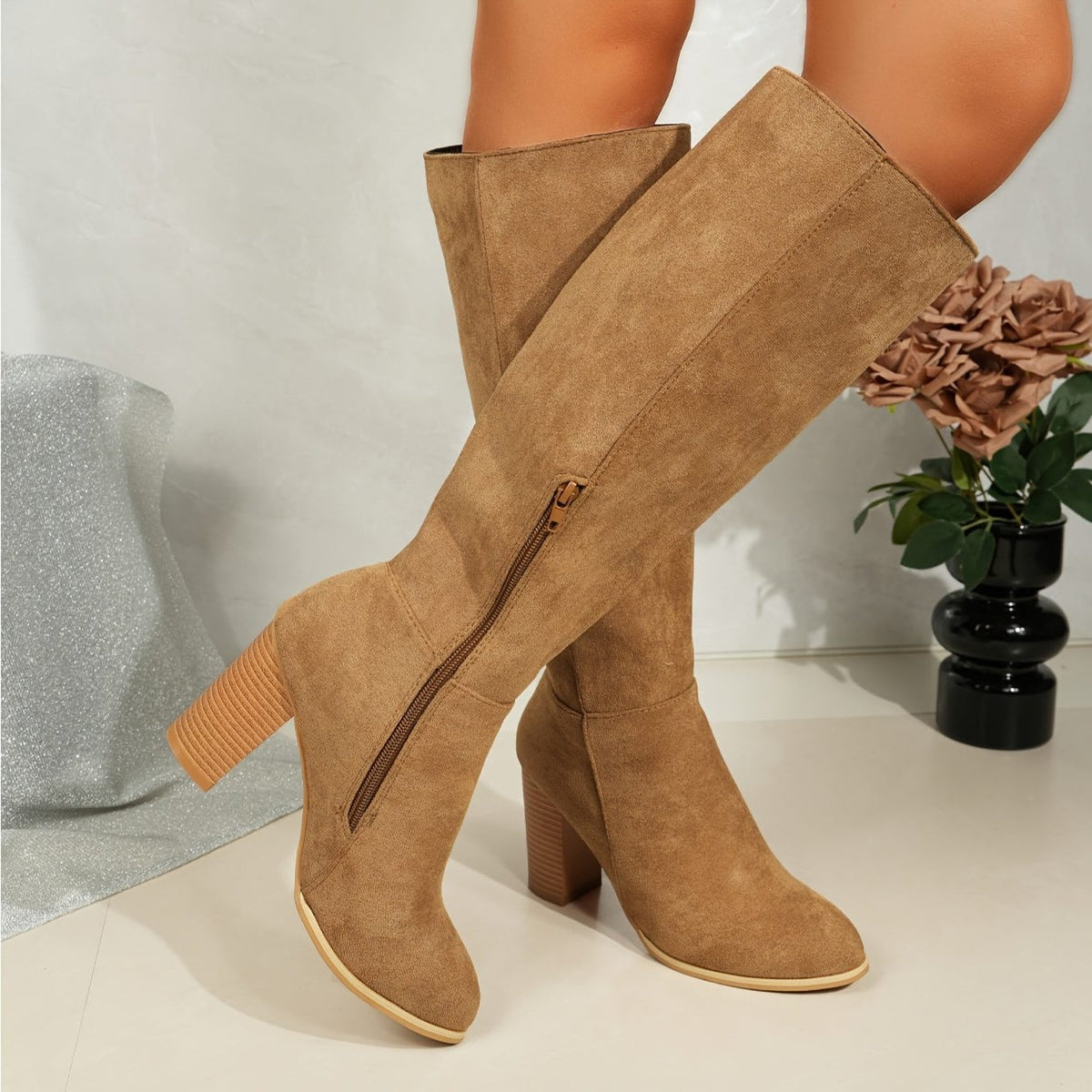 Women's Western Block-Heel Tall Boots in Suede with Side Zip