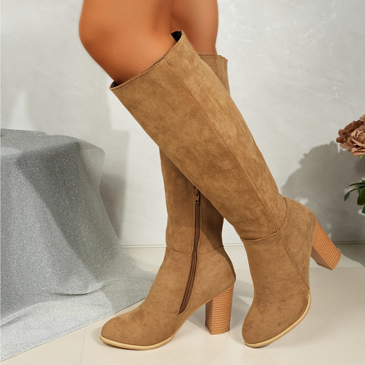 Women's Western Block-Heel Tall Boots in Suede with Side Zip