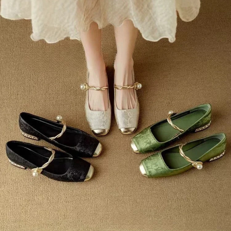 Women's Pearl Strap Mary Janes with Metallic Toe Cap