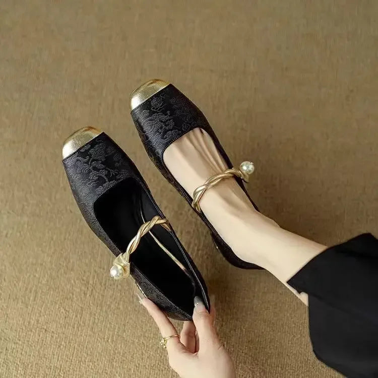 Women's Pearl Strap Mary Janes with Metallic Toe Cap - Black