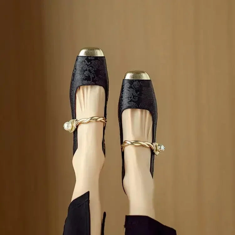 Women's Pearl Strap Mary Janes with Metallic Toe Cap